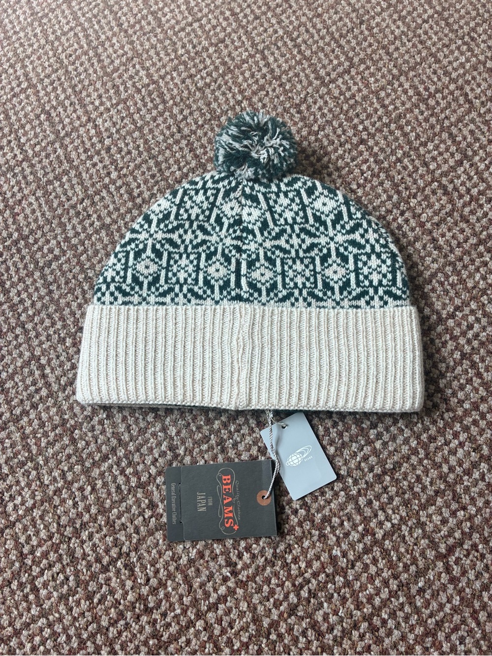 Pom Knit Beanie in Green & Cream by BEAMS